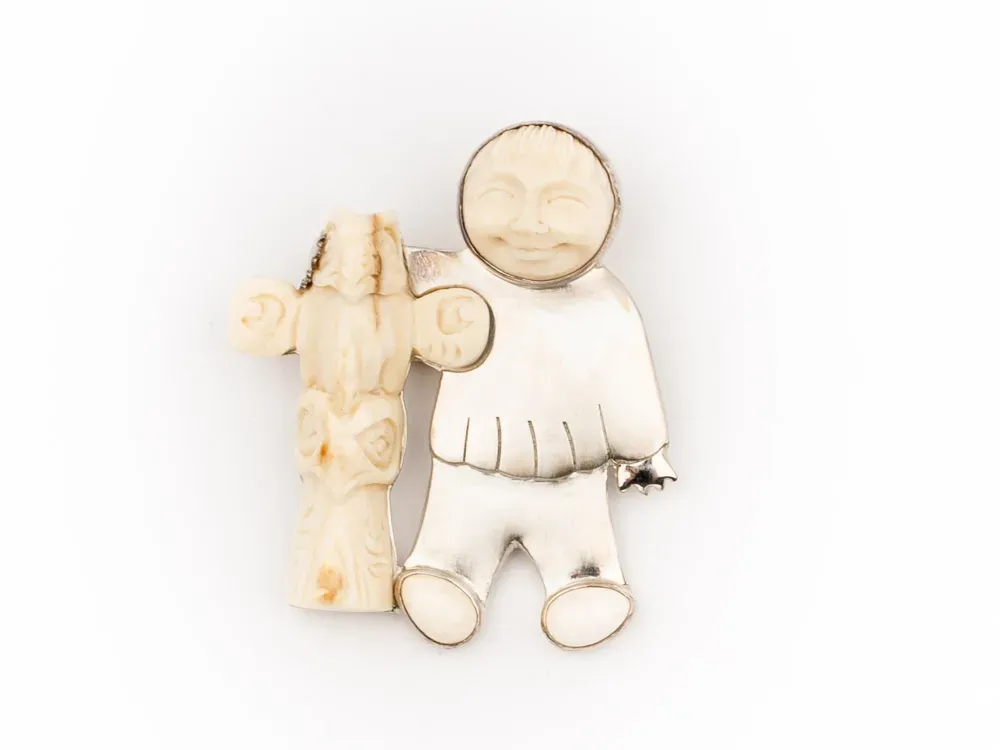 Alaska Boy With Totem Pole Mammoth Ivory Pin - 2