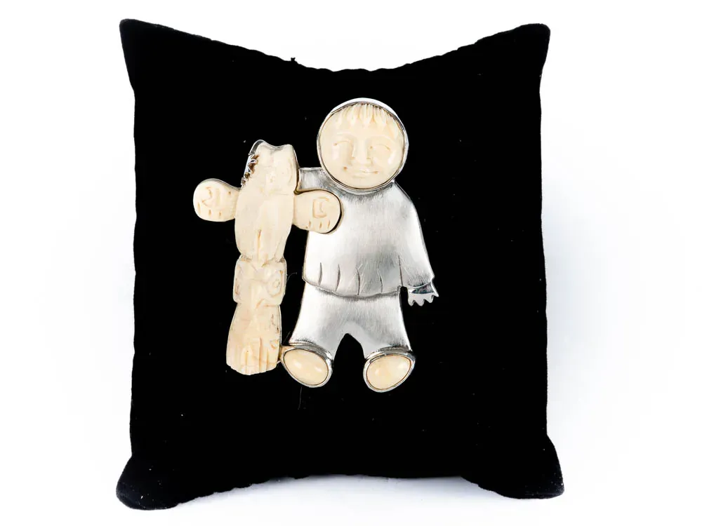 Alaska Boy With Totem Pole Mammoth Ivory Pin - 1