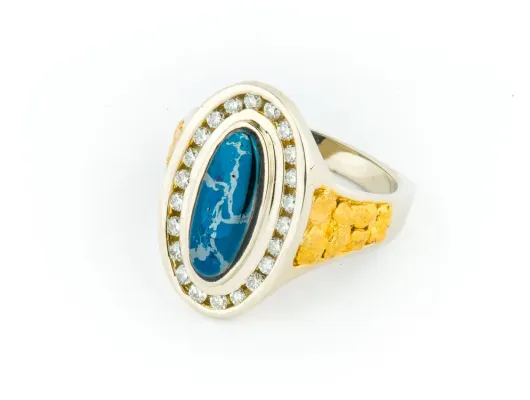 Star Of Alaska Covellite Ladies Oval Ring With Diamonds & Side Nuggets