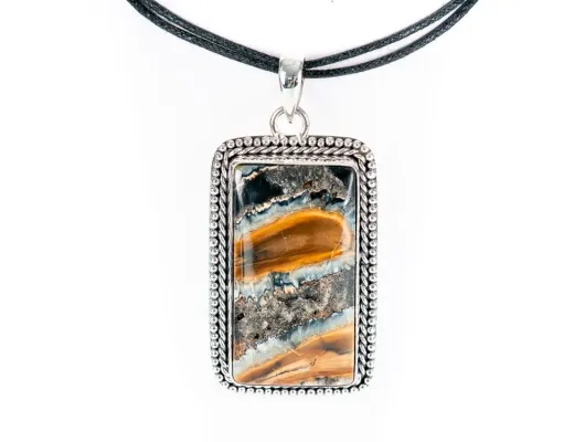 Rectangular Fossilized Woolly Mammoth Tooth Pendant In Sterling Silver With Cord