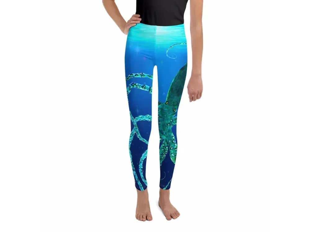 Teal Octopus Gyotaku Youth Leggings - 1