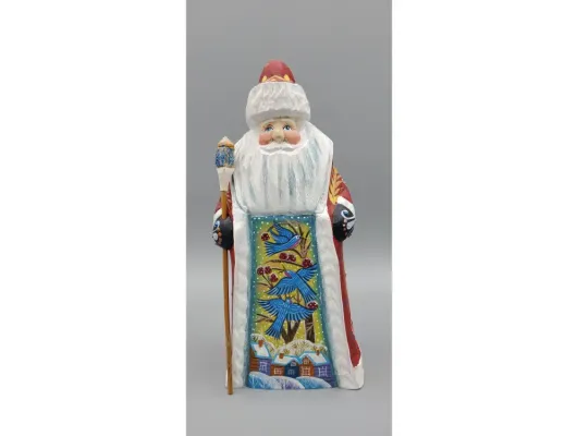 Russian Hand Carved Father Frost with Bluebirds on Coat