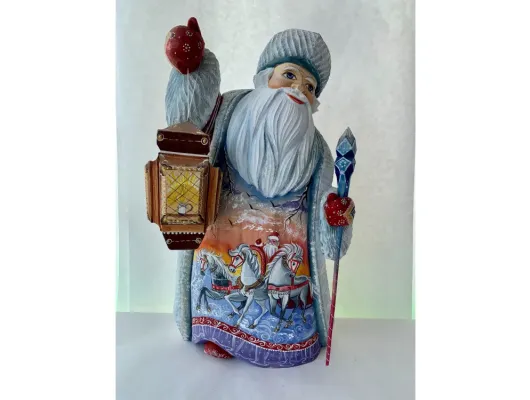 Russian Hand Carved Father Frost With Lantern And Staff