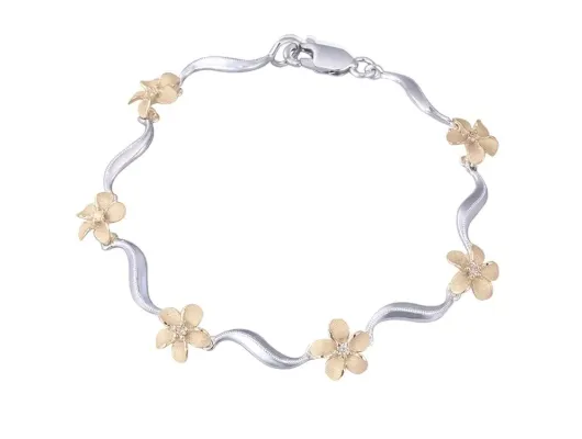 Denny Wong Forget-Me-Not Plumeria Flower Lei Wave Bracelet In 14 Karat White & Yellow Gold With Center Diamonds (FBP-08SD10X)