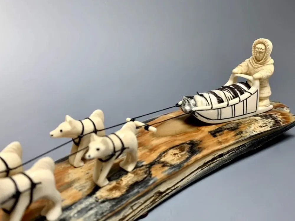 Fossilized Mammoth Ivory Dog Sled Sculpture - 4