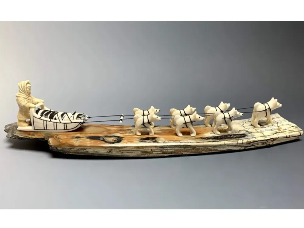 Fossilized Mammoth Ivory Dog Sled Sculpture - 3