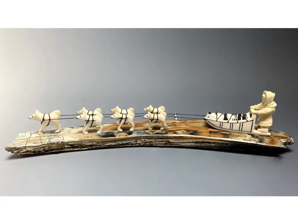 Fossilized Mammoth Ivory Dog Sled Sculpture - 2