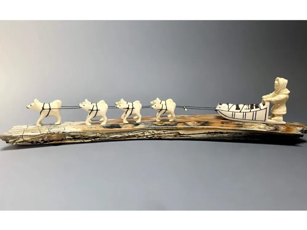 Fossilized Mammoth Ivory Dog Sled Sculpture - 5