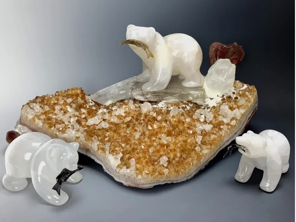 Stella Selenite Bear on Citrine Geode Sculpture - 1