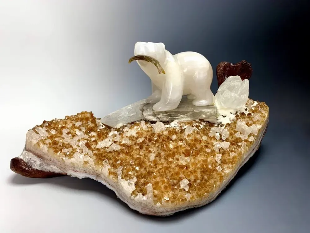 Stella Selenite Bear on Citrine Geode Sculpture - 2
