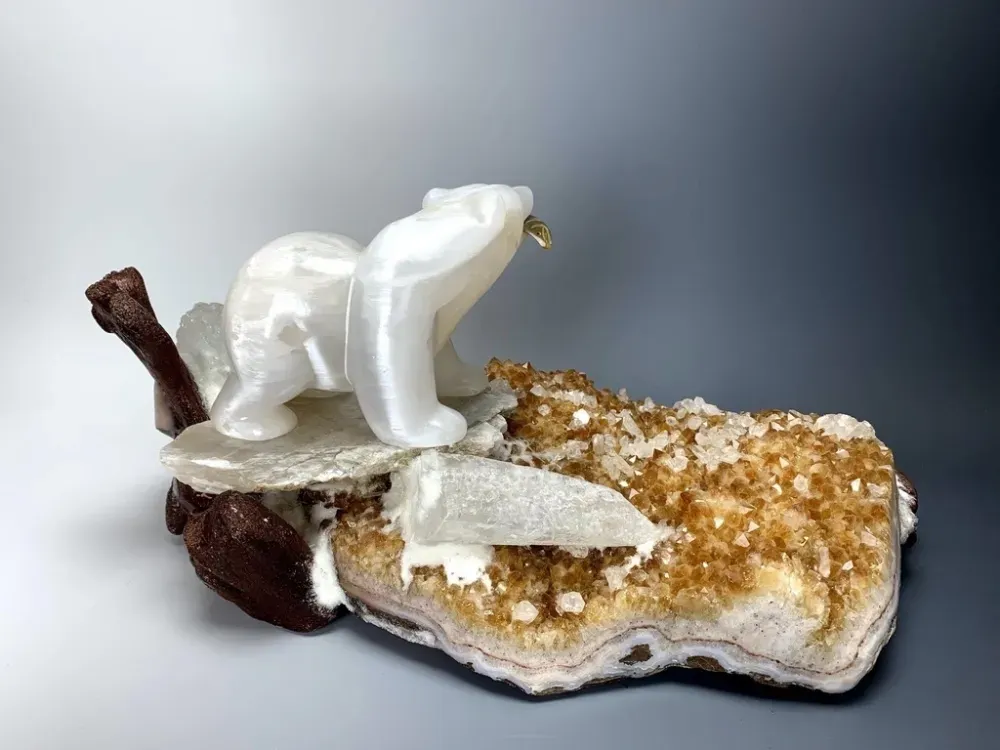 Stella Selenite Bear on Citrine Geode Sculpture - 5