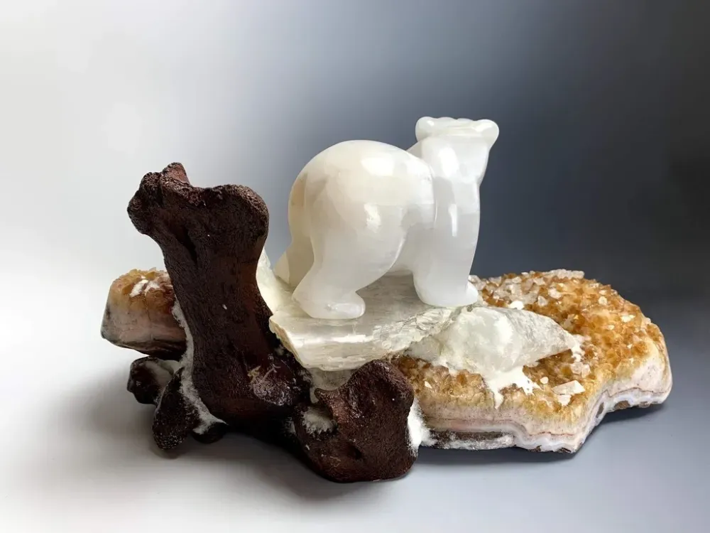 Stella Selenite Bear on Citrine Geode Sculpture - 4