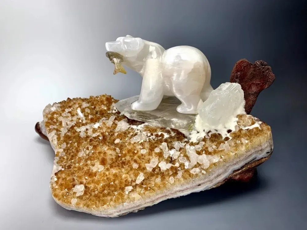 Stella Selenite Bear on Citrine Geode Sculpture - 3