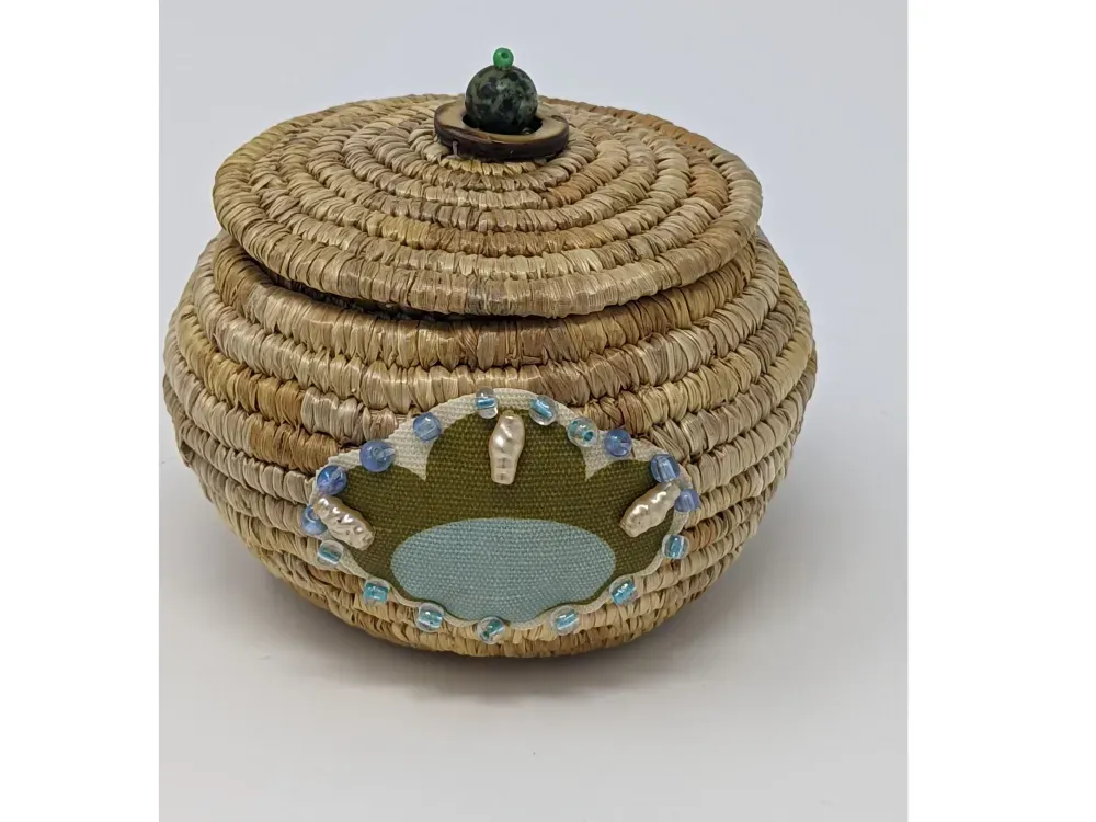 Sea Grass Basket With Abalone Lid - 1