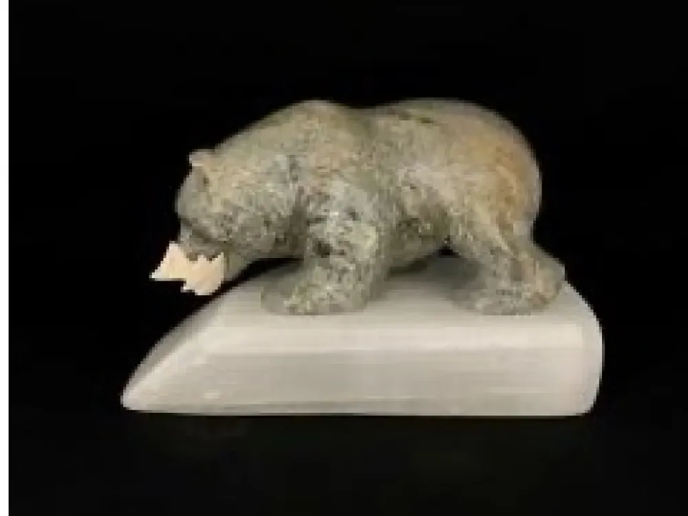 "Bear On A Celenite Base" Carving On Soapstone By Eddie Lee - 2