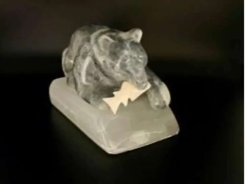 "Bear On A Celenite Base 2" Carving On Soapstone By Eddie Lee - 1