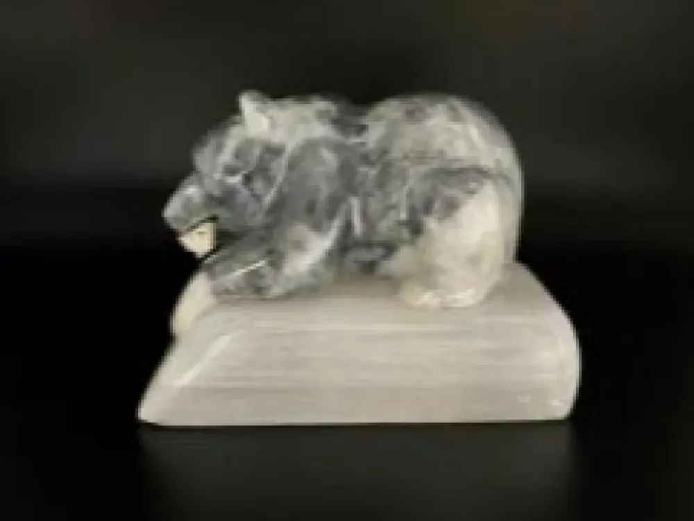 "Bear On A Celenite Base 2" Carving On Soapstone By Eddie Lee - 2