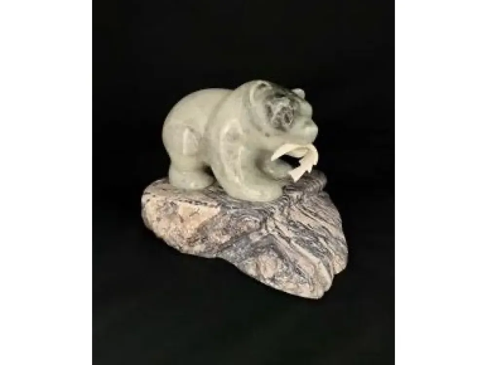 "Bear On The Rock 1" Carving On Soapstone By Eddie Lee - 1