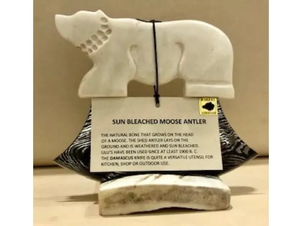 "Bear" Moose Antler Carved Handled Damascus Blade Ulu Knife - 1