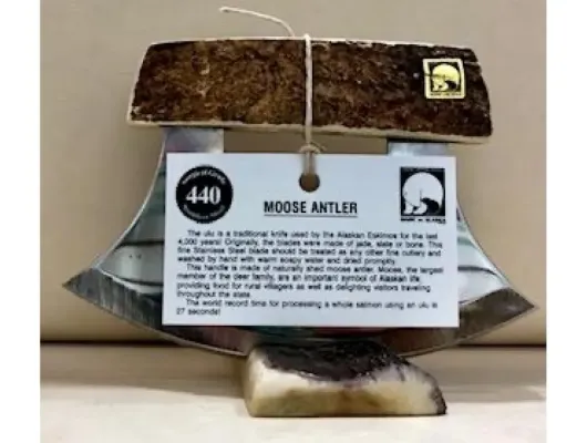 Moose Antler Carved Handled Stainless Steel Blade Ulu Knife