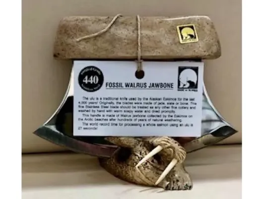 Walrus Jaw Bone Ulu With Walrus Carved Base By Bob Merry