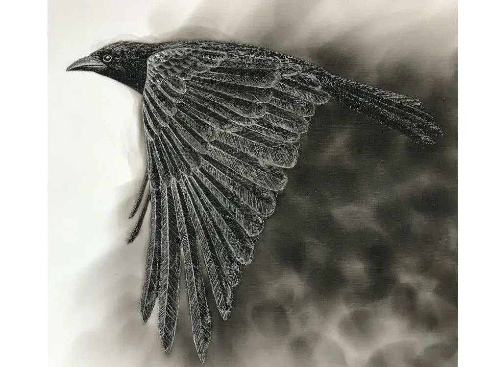 "Born of Fire" Raven Print.  Candle Soot on Paper - 2