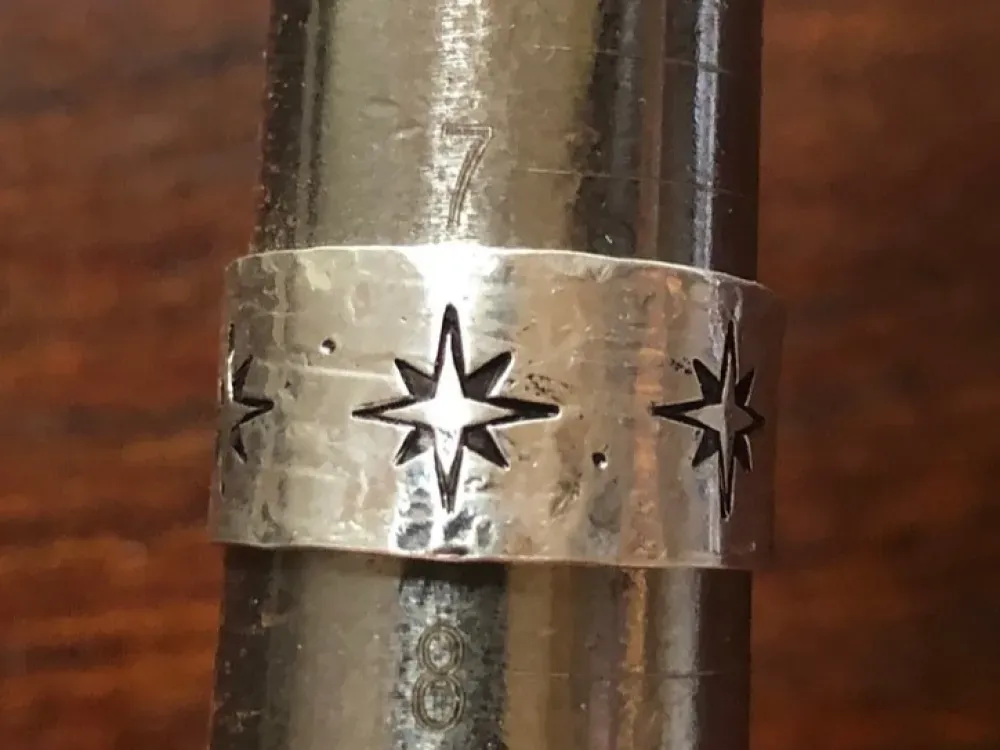 Sterling Silver Wide Band Compass Rose North Star Ring With Texture - 3