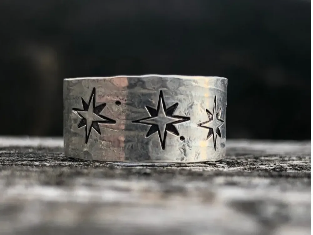 Sterling Silver Wide Band Compass Rose North Star Ring With Texture - 2