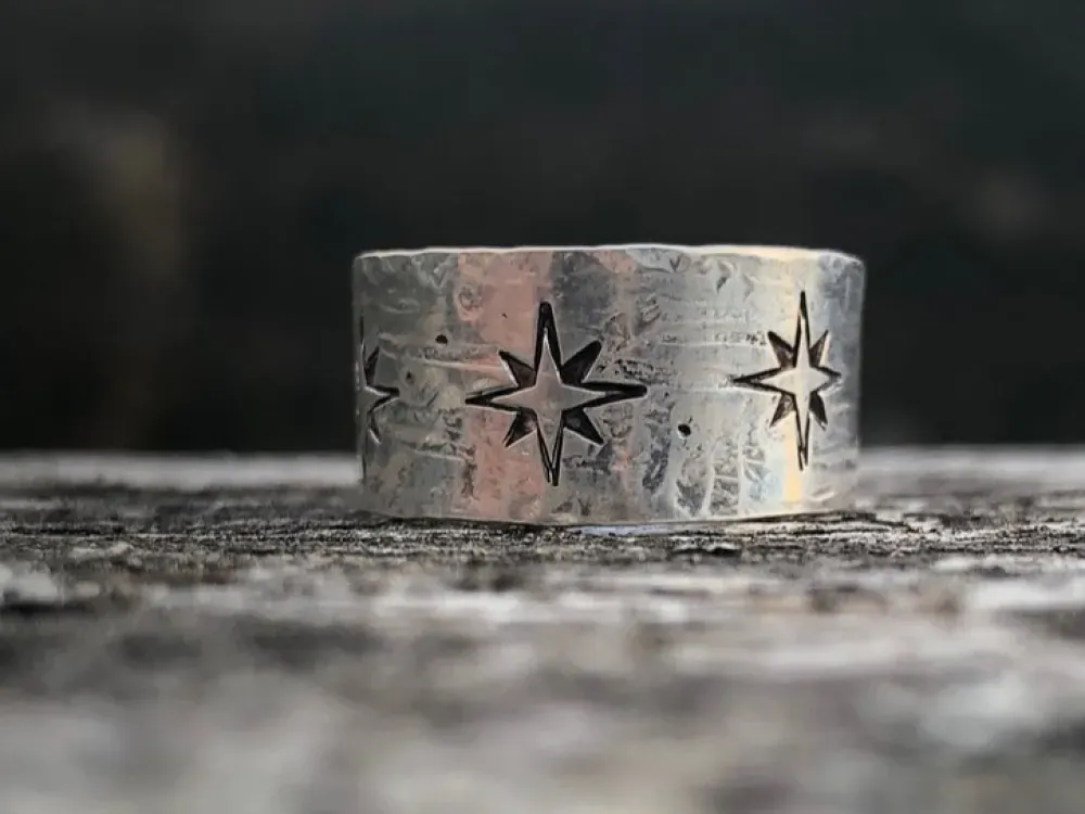 Sterling Silver Wide Band Compass Rose North Star Ring With Texture - 1