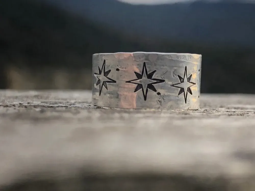 Sterling Silver Wide Band Compass Rose North Star Ring With Texture - 4