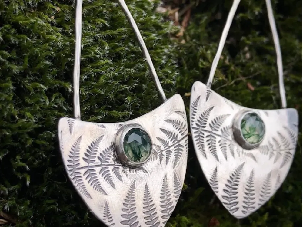 Sterling Silver Fern Earrings With Moss Agate Stones - 1