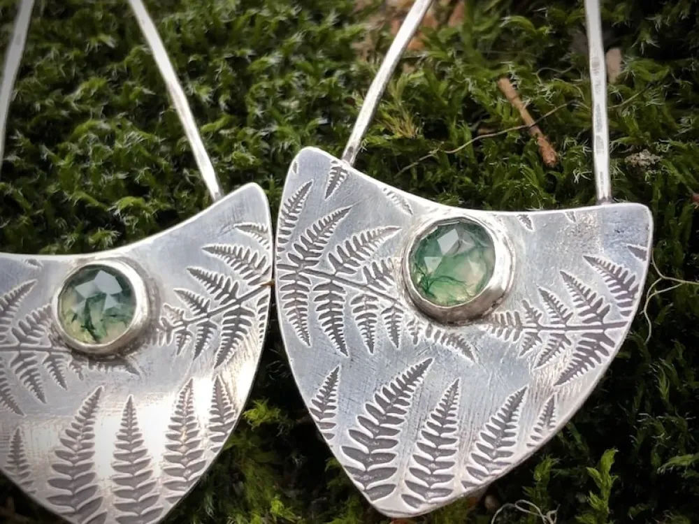 Sterling Silver Fern Earrings With Moss Agate Stones - 2