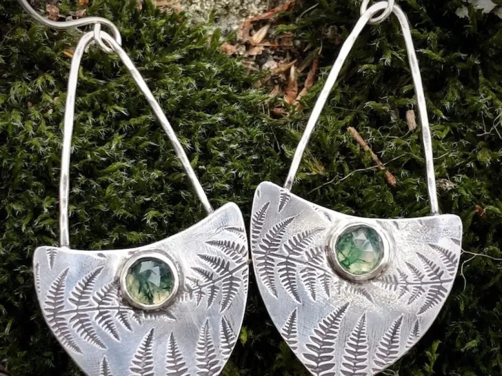 Sterling Silver Fern Earrings With Moss Agate Stones - 3