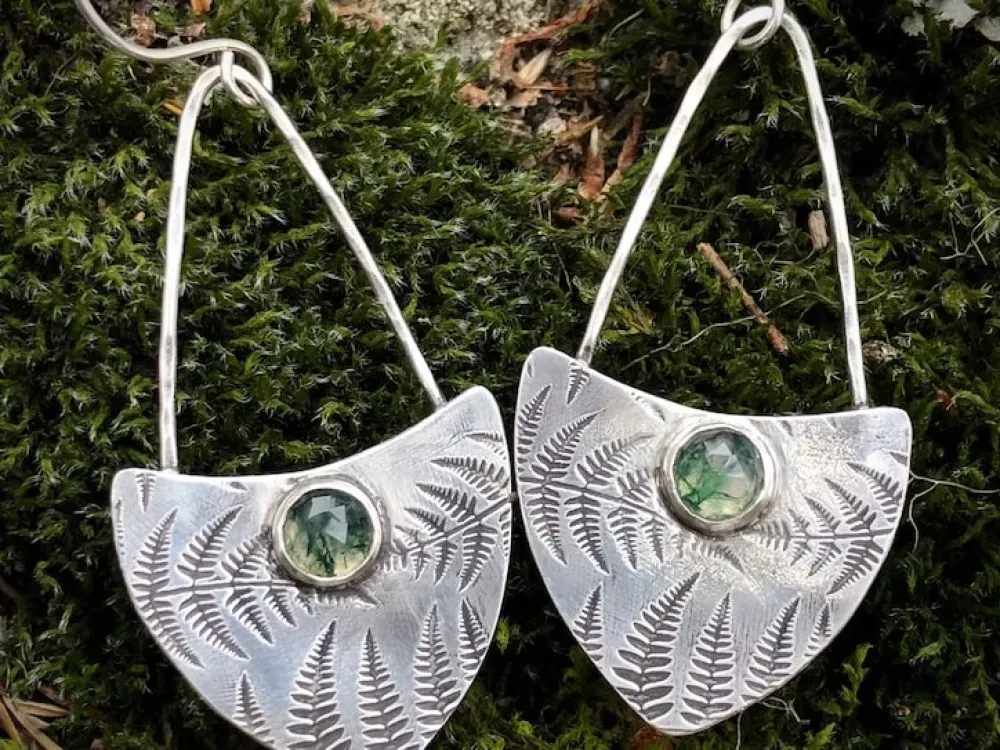 Sterling Silver Fern Earrings With Moss Agate Stones - 4