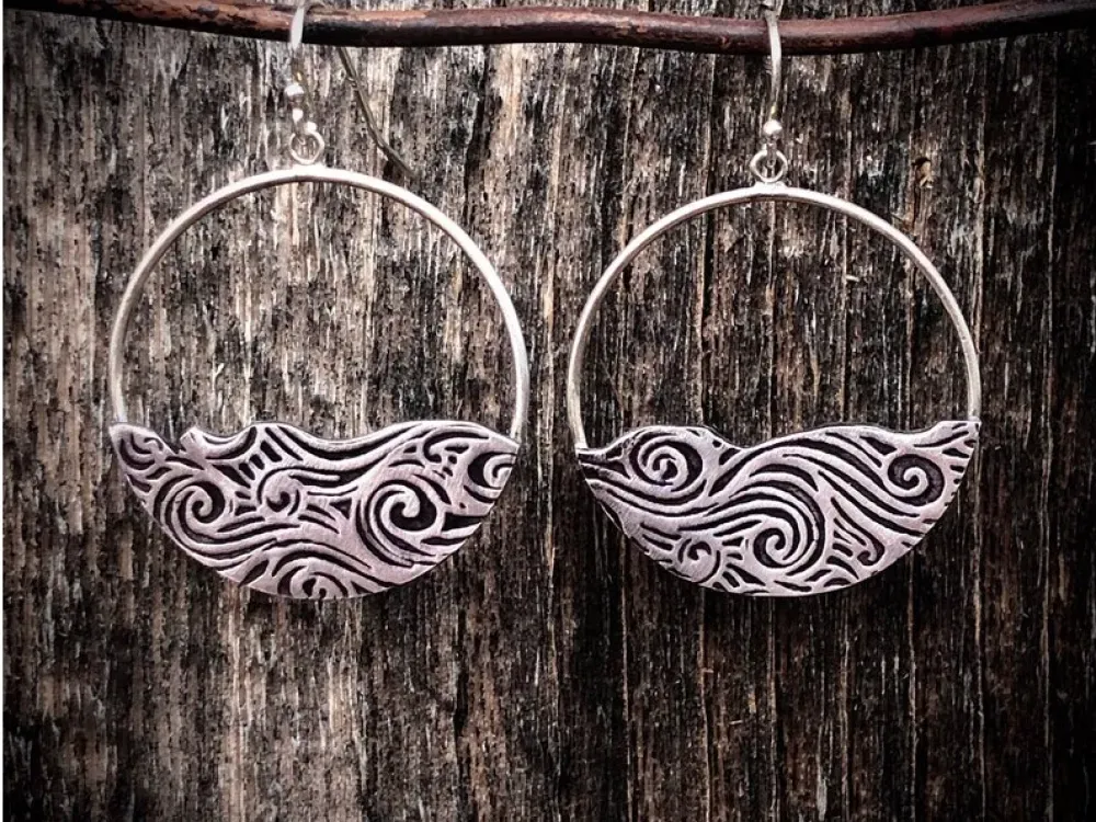 Handmade Textured Silver Wave Earrings - 1
