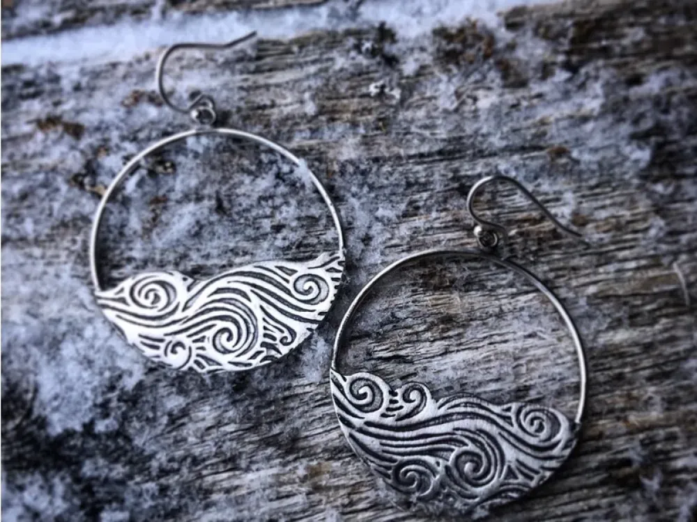 Handmade Textured Silver Wave Earrings - 2