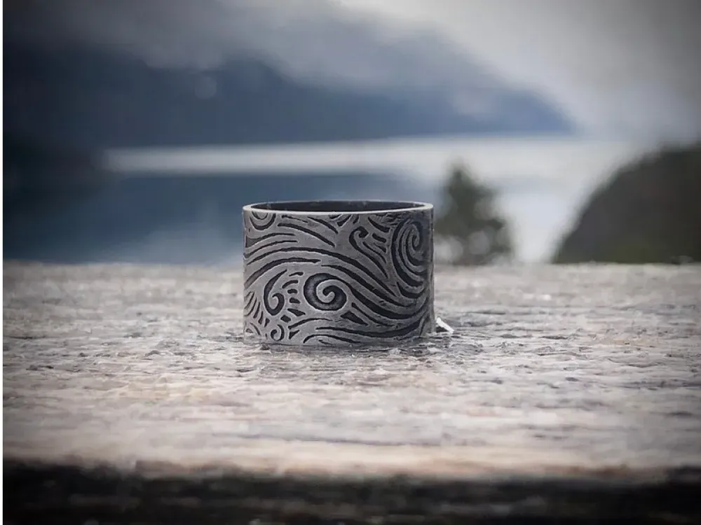Sterling Silver Wide Band Waves Wind And Water Textured Ring - 1