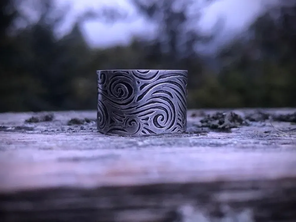 Sterling Silver Wide Band Waves Wind And Water Textured Ring - 2