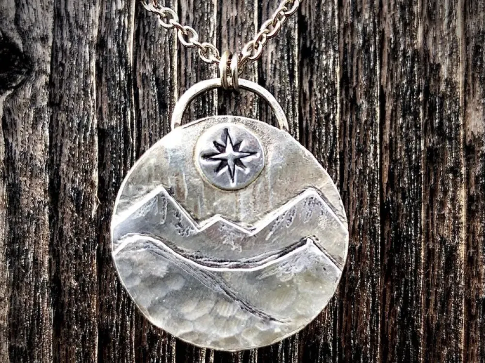 Silver Mountain Pendant With Compass Rose North Star - 1