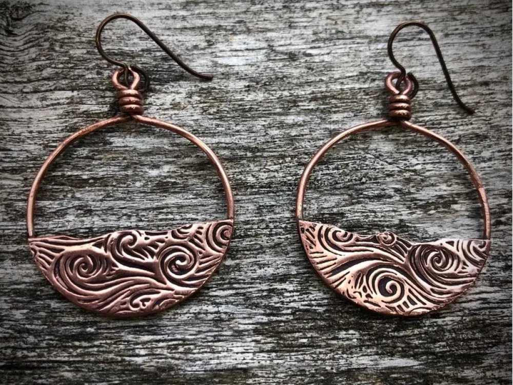Handmade Cooper Hoops With Water Waves Earrings - 3