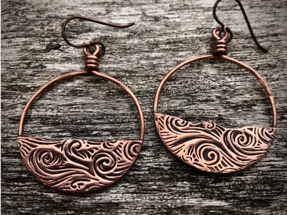 Handmade Cooper Hoops With Water Waves Earrings - 1