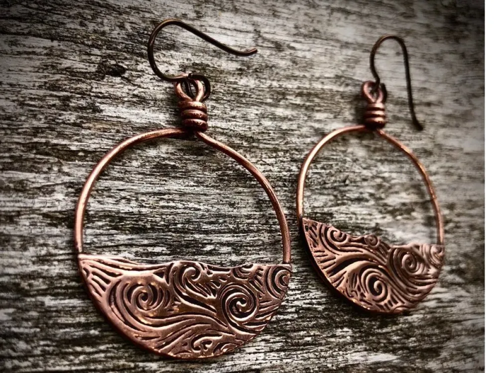 Handmade Cooper Hoops With Water Waves Earrings - 2