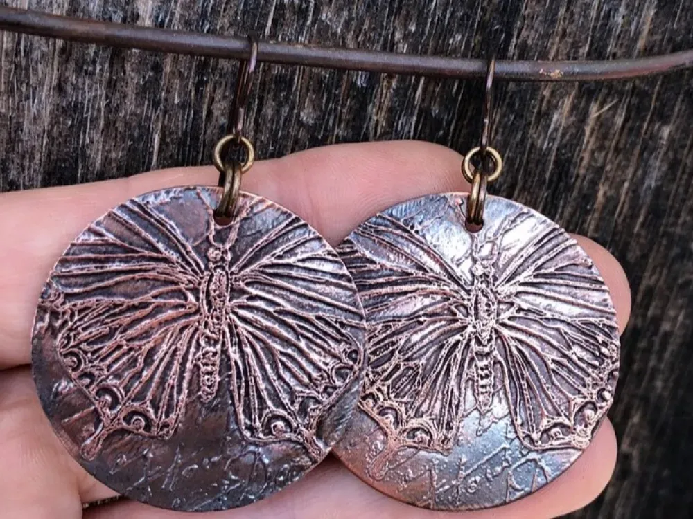 Butterfly Etched Copper Disk Earrings With Hypo Allergenic Niobium Ear Wires - 2