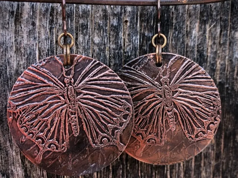 Butterfly Etched Copper Disk Earrings With Hypo Allergenic Niobium Ear Wires - 3
