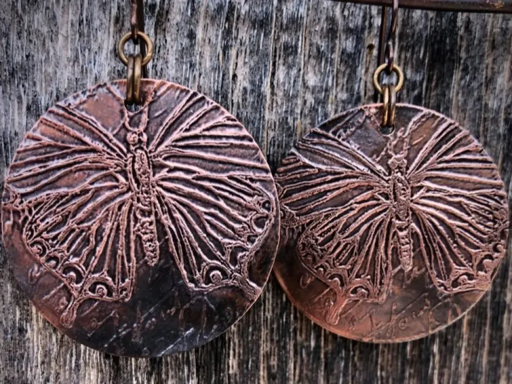 Butterfly Etched Copper Disk Earrings With Hypo Allergenic Niobium Ear Wires - 1