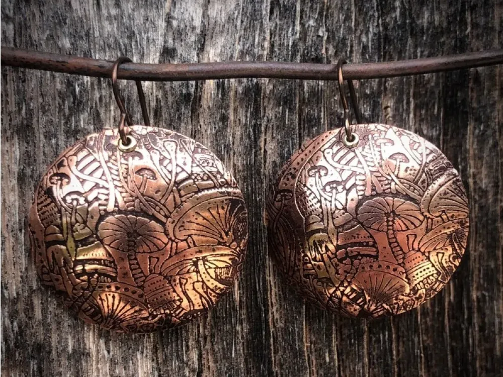 Domed Disk Mushroom Textured Hand Made Copper Disk Earrings - 1