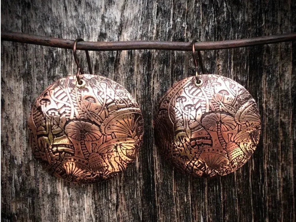 Domed Disk Mushroom Textured Hand Made Copper Disk Earrings - 2