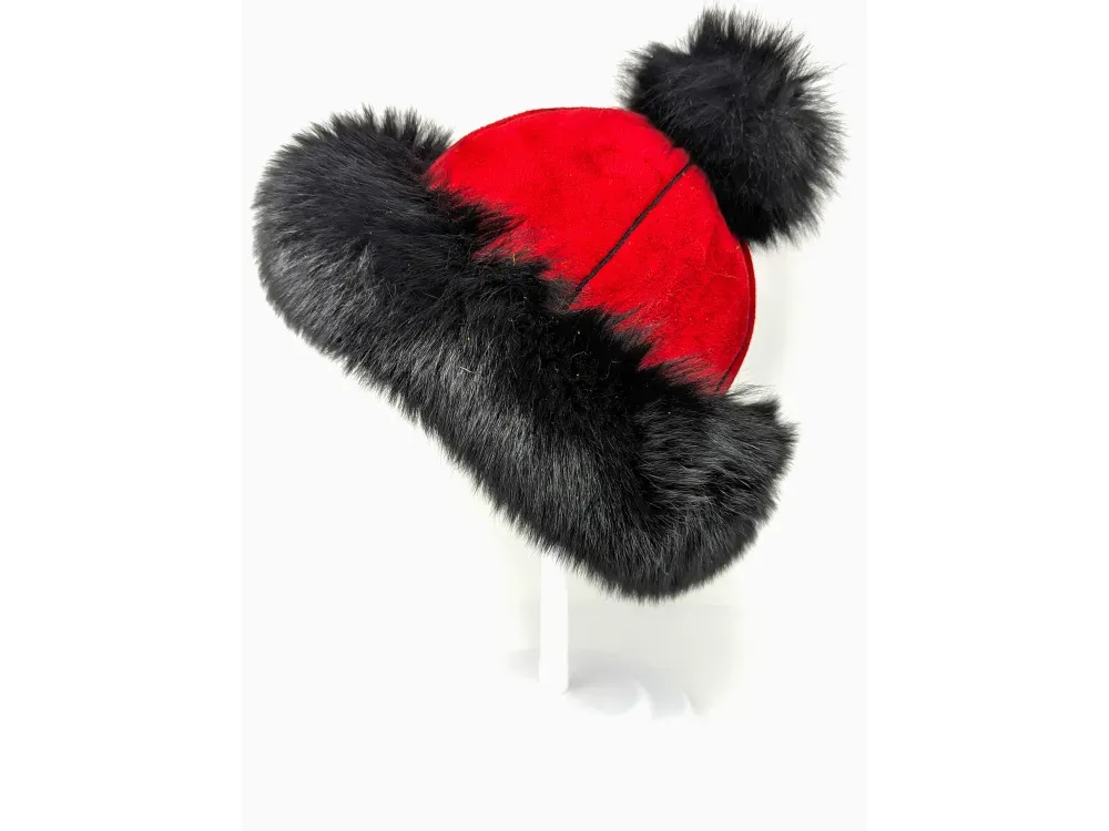  Elk Leather Shearling Fur Pom Hat With Black Shadow Fox Trim - 3