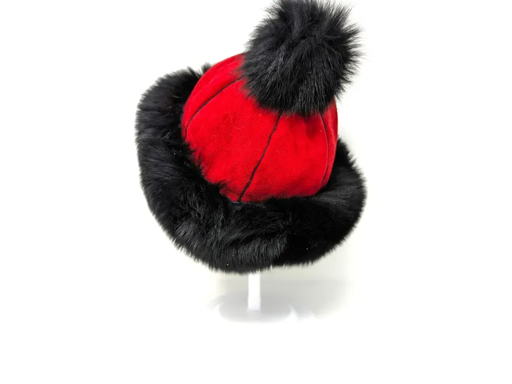  Elk Leather Shearling Fur Pom Hat With Black Shadow Fox Trim - 4