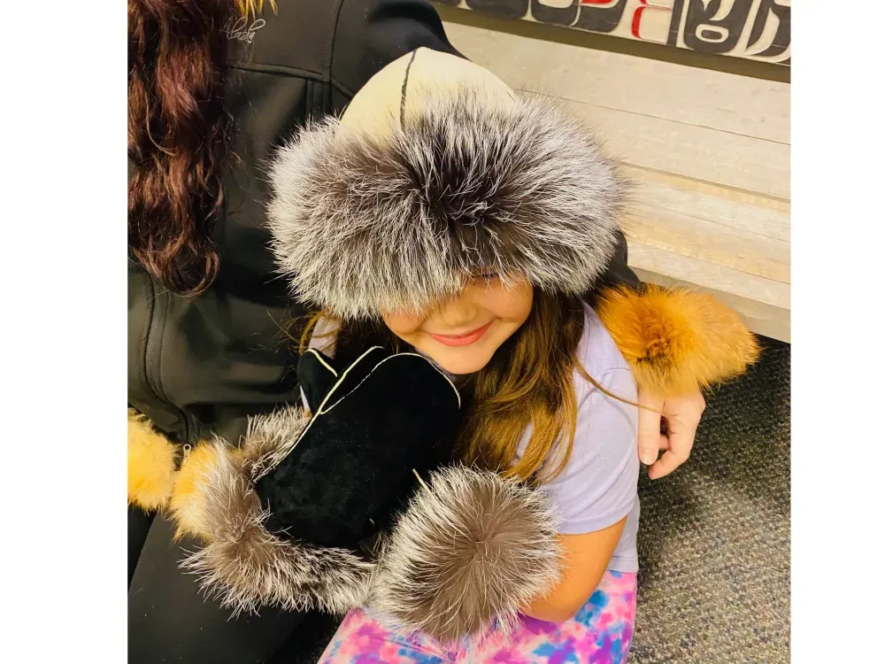 Leather Shearling Fur Cap With Silver Fox Trim - 1